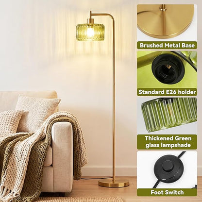 Floor Lamp for Living Room,Gold Floor Lamp with Green Glass Shade,Modern Standing Lamps with 3000K Warm Light Bulb,Vintage Tall Light for Bedroom Office Reading Room Corner.