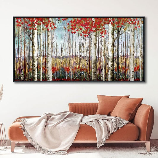 Large Canvas Wall Art - Framed Aspen Tree Oil Painting Style, Birch Tree Pictures for Living Room Wall Decor & Bedroom, 29x58 Modern Nature Artwork for Walls