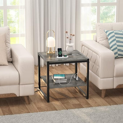 Homieasy End Table with Charging Station, 20" Mini Fridge Stand with Power Outlets, Heavy Duty Side Table for Living Room, Small Table Stand & Fridge Table, Black Oak