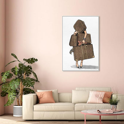 The Oliver Gal Artist Co. Fashion and Glam Modern Canvas Art - Bags, Bags, Bags- Orange, Wall Art for Living Room, Bedroom, and Bathroom, 36 in x 54, White and Brown Home Decor