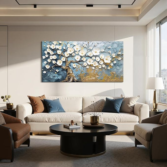SERIMINO Oversized Wall Art, Tree of Life Wall Art, Modern Art Wall Decor, White Flowers Tree Picture Prints, Elegant Extra Large Paintings for Living Room Bedroom Dining Room Office Hotel 29"x57"