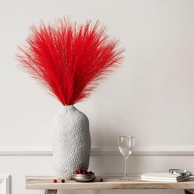Pampas Grass Decor, Fluffy Faux Pampas Grass 5 Stem 18"/45cm Pompous Grass Small Flower Arrangement and Vase Filler for Boho Home Wedding