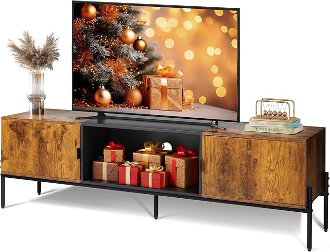 WLIVE TV Stand for 65 Inch TV, Mid Century Modern Entainment Center with 2 Storage Cabinets & Open Shelf, TV Console Table Media with Metal Legs for Living Room, Bedroom, Rustic Brown