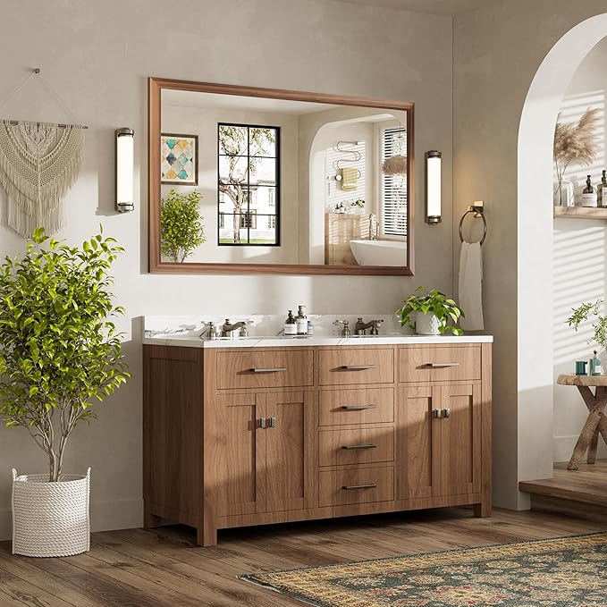 60x36 Inch Bathroom Mirror for Wall, Anti-Rust Walnut Wood Grain Metal Framed Bathroom Mirrors for Over Sink,Rectangler Mirrors for Bathroom Vanity, Farmhouse, Bedroom, Living Room, Entryway Decor