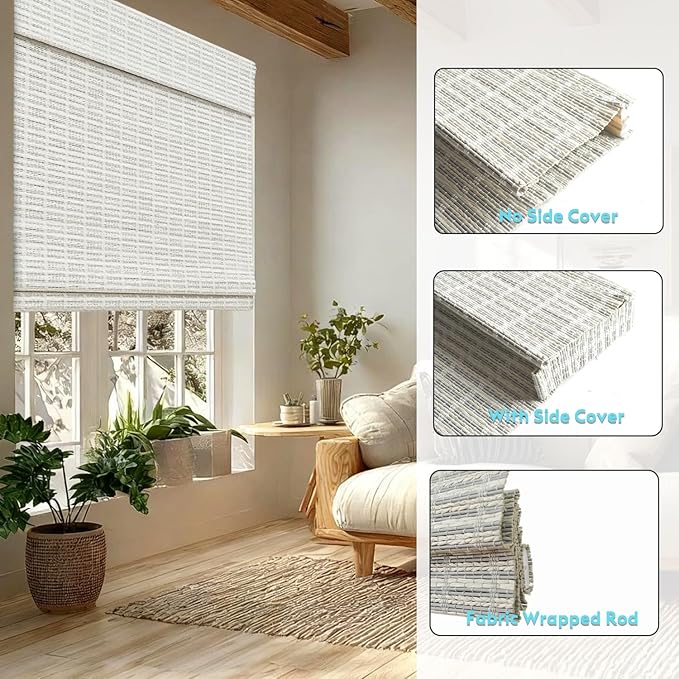 Motorized Bamboo Roman Shades, Motorized Blinds with Remote Compatible with Homekit, Alexa GoogleHome, Smart Wood Woven Shades for Indoor Windows, Customize, Glacier Frame