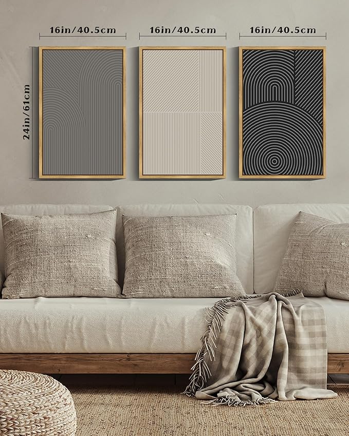 Drsoum Mid-Century Modern Framed Wall Art Large 16x24in Minimalist Abstract Boho Neutral Line Wall Decor Geometric Artwork Kitchen Dining Room Natural Framed