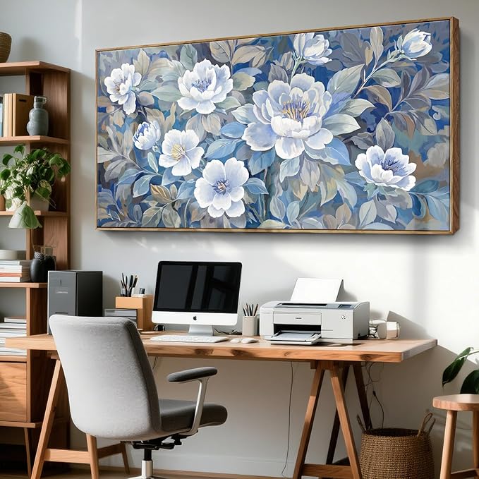 Large Framed Blue Gray And White Plant Wall Art For Living Room, Natural Plant Canvas Print Paintings Artwork For Walls, Elegant Floral Pictures For Bedroom Kitchen And Lounge Wall Decor58X29 In