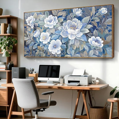 Large Framed Blue Gray And White Plant Wall Art For Living Room, Natural Plant Canvas Print Paintings Artwork For Walls, Elegant Floral Pictures For Bedroom Kitchen And Lounge Wall Decor58X29 In