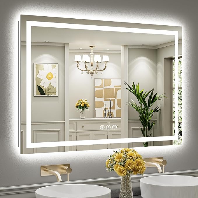 Briivue 50x36 Inch LED Bathroom Mirror with Lights, Backlit & Front Lit, Anti-Fog Lighted Bathroom Vanity Mirror for Wall, Memory Function, Dimmable, HD Tempered Glass, Shatter-Proof
