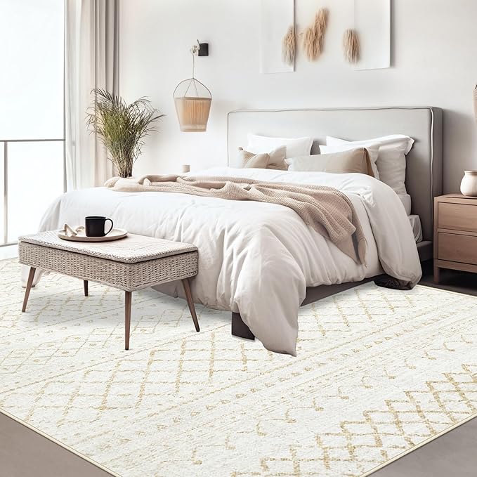 Area Rug for Living Room 10x14: Large Washable Boho Moroccan Rugs Geometric Neutral Rug, Non-Slip Foldable Morden Farmhouse Indoor Floor Carpet for Bedroom Dining Room Home Office（Beige,10'x14'）