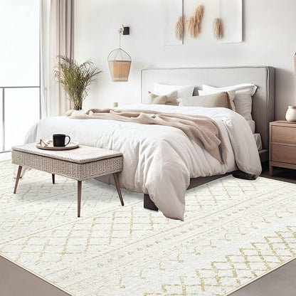 Area Rug for Living Room 10x12: Large Washable Boho Moroccan Rugs Geometric Neutral Rug, Non-Slip Foldable Morden Farmhouse Indoor Floor Carpet for Bedroom Dining Room Home Office（Beige,10'x12'）