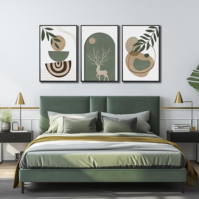 Framed Sage Green Boho Wall Art Set of 3, Minimalist Abstract Geometric Deer & Plant Illustrations, Bohemian Pictures Print Artwork Painting Wall Decor for Living Room Bedroom Home Decoration 24"x36"