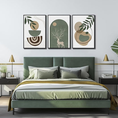 Framed Sage Green Boho Wall Art Set of 3, Minimalist Abstract Geometric Deer & Plant Illustrations, Bohemian Pictures Print Artwork Painting Wall Decor for Living Room Bedroom Home Decoration 24"x36"