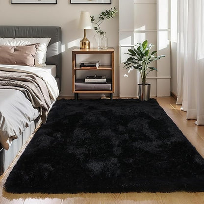 KICHOWUA Area Rug Black Fluffy Shag 5x7 for Bedroom, Ultra Soft Plush Fuzzy Washable Thickened Non-Slip Floor Carpet, Modern Cozy Furry Rug for Living Room Kids Baby Boys Girls Nursery Dorm
