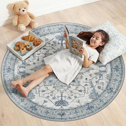 RELEANY Area Rugs Round 4ft Washable Non-Slip, Floral Vintage Distress Print Pattern Medallion Carpet for Living Room Bedroom Dining Room, Light Blue Navy Beige Gray White