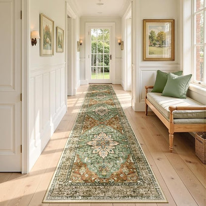 RELEANY Area Rugs 2'6"x12' Runner Rug Non Slip Washable for Kitchen Hallway Bedroom Beside Laundry Room Bathroom Rug, Floor Carpet, Brick Red Rust Neutral Brown Burnt Orange Green
