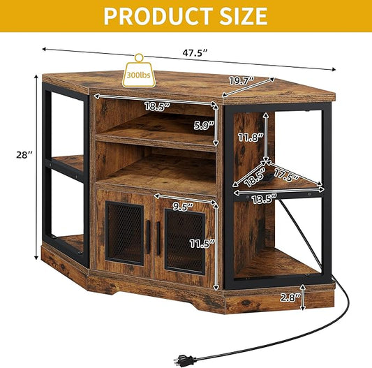 DWVO Farmhouse Corner TV Stand for Living Room, TV Stand for 50 Inch TV, Entertainment Center with Storage and Power Outlet, TV Console Cabinet, Rustic Brown