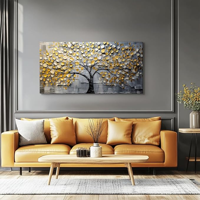 crmotu Tree of Life Large Wall Art for Living Room, Golden Tree Neutral Abstract Canvas Painting Art Prints, Nature Plant Modern Pictures Wall Decor for Bedroom Bathroom Dining Room Office 24"X48"