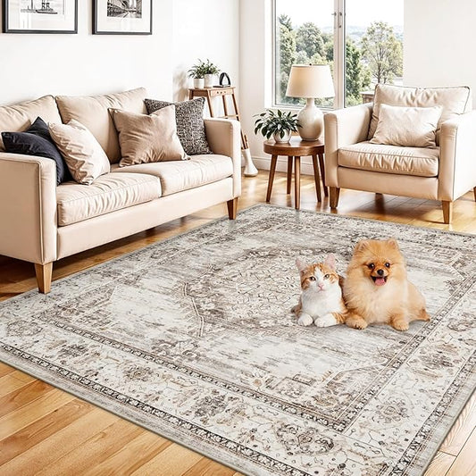 5x5 Area Rug Washable Living Room Rugs: 5ft Square Ultra Thin Soft Oriental Area Rugs Non-Slip Backing Farmhouse Rug Low Pile Thin Stain Resistant Indoor Carpets, 5' x 5' Beige