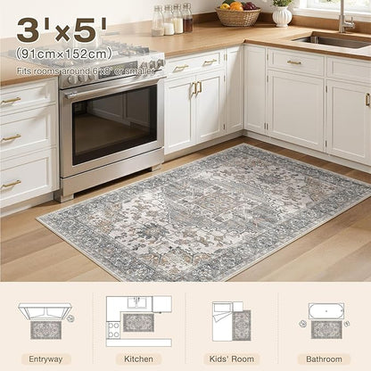 3x5 Washable Area Rugs for Living Room: Non Slip Vintage Gray Brown Rug, Large Soft Stain Resistant Indoor Floor Carpets for Bedroom Dining Room Nursery Home Office Kid & Pet Friendly