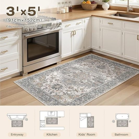 3x5 Washable Area Rugs for Living Room: Non Slip Vintage Gray Brown Rug, Large Soft Stain Resistant Indoor Floor Carpets for Bedroom Dining Room Nursery Home Office Kid & Pet Friendly