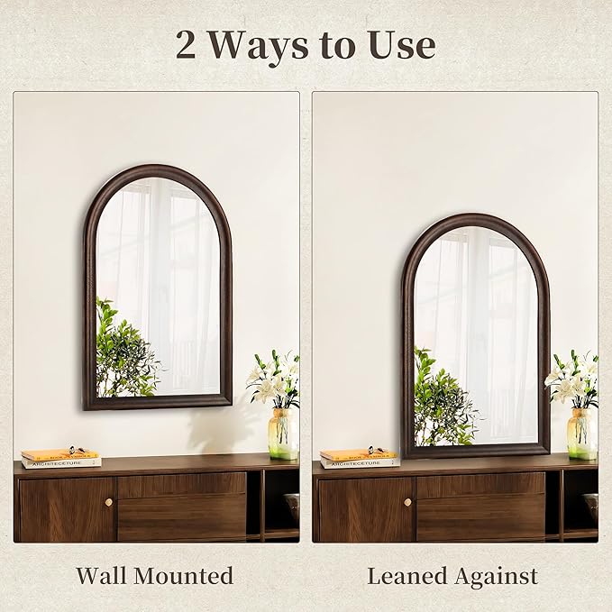 Tanmicoshomy Dark Brown Framed Arched Bathroom Mirror 24x36 Inch,Wall Mirror with Tempered Glass for Living Room, Bedroom or Entryway