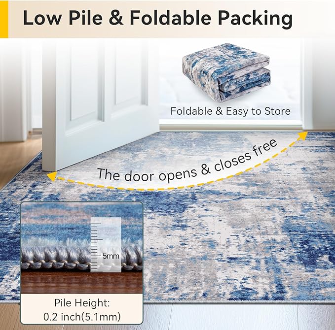 RELEANY Washable Area Rugs 3x12 Non-Slip Modern Abstract Soft for Living Room Entryway Bedroom Nursery, Print Pattern, Blue Grey Navy Gray