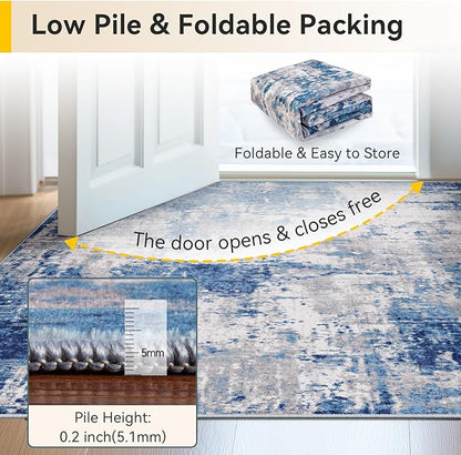 RELEANY Washable Area Rugs 3x9 Non-Slip Modern Abstract Soft for Living Room Entryway Bedroom Nursery, Print Pattern, Blue Grey Navy Gray
