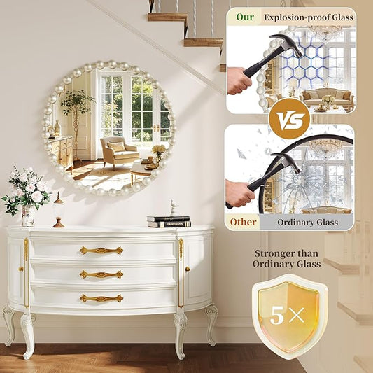 Round Vanity Mirror for Wall, 28 Inch Beaded Frame Circle Mirror for Bedroom Dresser, Bathroom, Entryway, Living Room, Decorative Hanging Wall Mirror, Silver