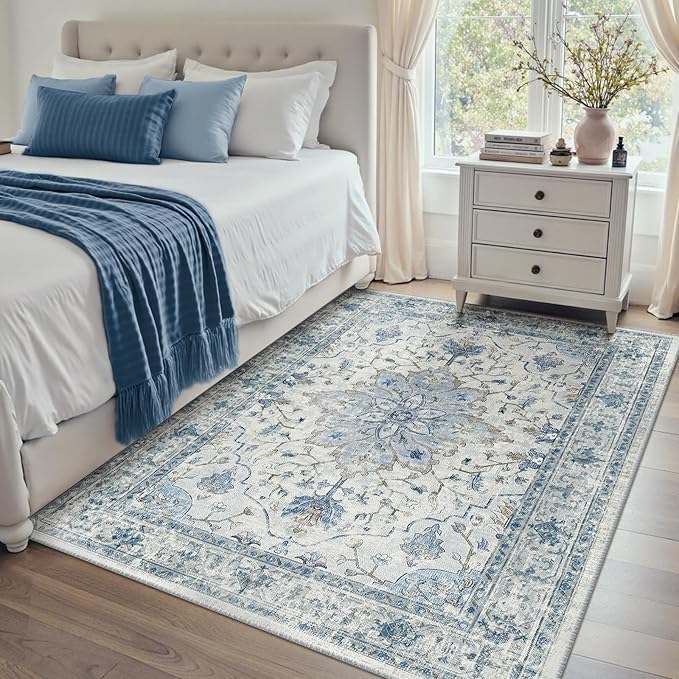 RELEANY Area Rugs 4'x5' Washable Non-Slip, Floral Vintage Distress Print Pattern Medallion Carpet for Living Room Bedroom Dining Room, Light Blue Navy Beige Gray White