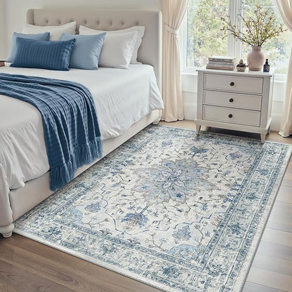 RELEANY Area Rugs 4'x6' Washable Non-Slip, Floral Vintage Distress Print Pattern Medallion Carpet for Living Room Bedroom Dining Room, Light Blue Navy Beige Gray White
