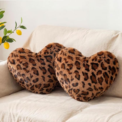 2 Pack Leopard Heart Shaped Pillow Small Cheetah Print Love Pillows 13 x 10 Inch Faux Rabbit Fur Pillows Leopard Throw Heart Pillow for Wedding, Anniversary, Vintage Room Decorative