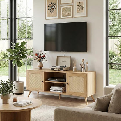 holzart Mid Century Modern Rattan TV Stand for 55/60 Inch TV - 53" Boho Media Console Table with Cane Doors & Open Shelves, Oak Wood Finish Entertainment Center for Living Room, Hallway, Entryway