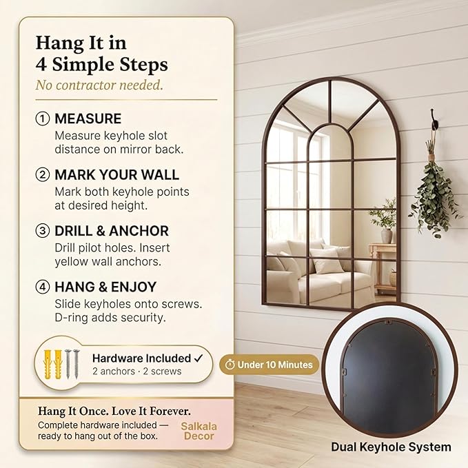 Brown Framed 48x28Inch Arched Window Pane Mirror| Arched Mirrors for Wall & Floor | Arch Mirror Full Length for Entryway Living Room & Bedroom | Oversized Mirrors | Wall Art Decorative |Farmhouse