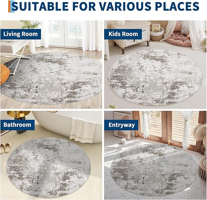 ROYHOME Modern Abstract 6x6 Round Area Rug Non Slip Non Shedding Rug Low Pile Stain Resistant for Bedroom Living Room Office Dining Room,Taupe/Beige