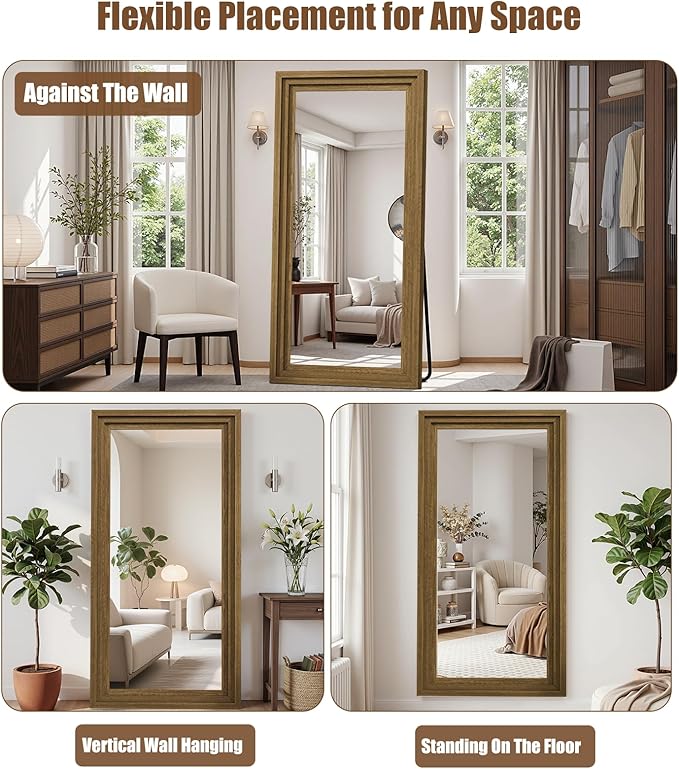 Full Length Mirror 71"x30", Large Solid Wood Frame Floor Mirror, Leaning Floor Mirror, Stable Frame, Shatterproof Glass, Modern Classic Style for Bedroom, Living Room, Entryway