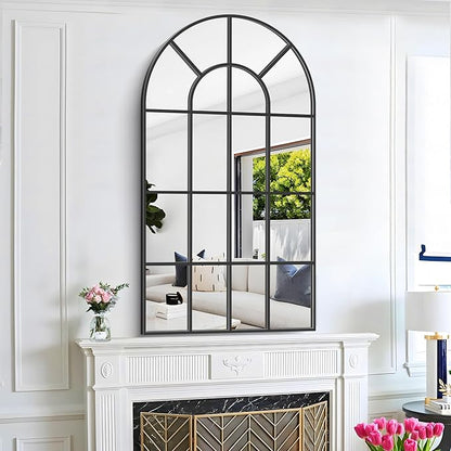 Arched Mirror, 30"x55" Arch Window Mirror, Black Frame Window Pane Wall Decor, Large Wall Mounted Decorative for Living Room Bedroom Entryway Hanging or Leaning Against