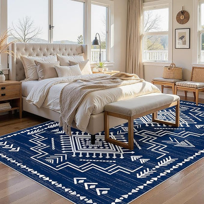 Joydeco Moroccan Rug 8x10 for Living Room, Navy Blue Washable Area Rugs for Bedroom, Low Pile Western Modern Carpet for Dining Room Table, Distressed Aztec Soft Carpet for Office Home Decor