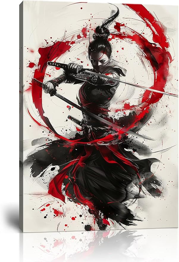 Japanese Female Samurai Wall Art Woman Fight Painting Canvas Prints Red Warrior Pictures Bushido Poster for Bedroom Classroom Dorm Living Room Aesthetic Decor Framed (18''W x 24''H)