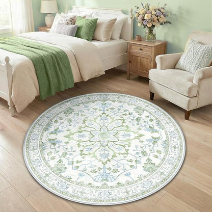 RELEANY Area Rugs Round 4ft Washable Non-Slip, Floral Vintage Distress Print Pattern Medallion Carpet for Living Room Bedroom Dining Room, Green White Blue