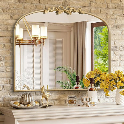 Besdomus Antique Arched Large Mirror: 36"x29" Gold Bow Vintage Wall Mounted Mirror - Baroque Traditional Ornate for Fireplace/Bathroom/Living Room - Home Decor for HFashion-Conscious