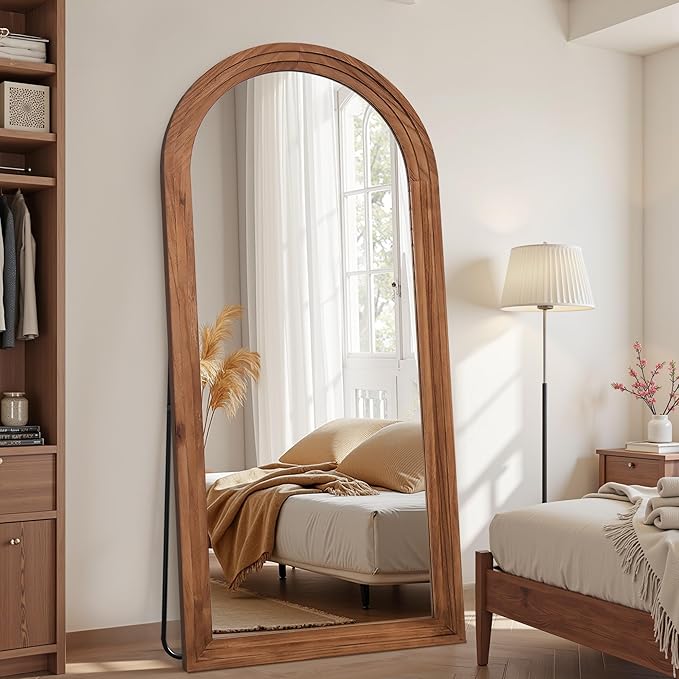 Antok Full Length Mirror with Solid Wood Frame, 81"×41" Wall Mounted Oversized Floor Mirror with Stand, Leaning Standing Hanging for Bedroom Living Room Entryway, Brown, Arched Syle