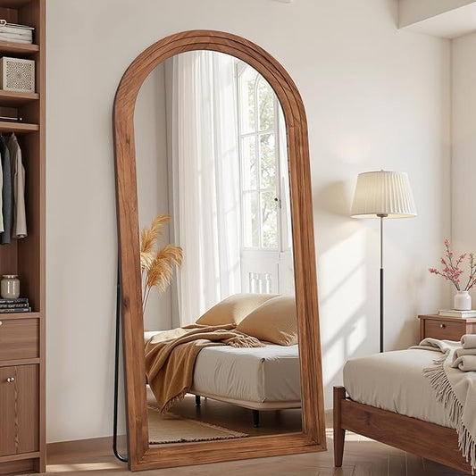 Antok Full Length Mirror with Solid Wood Frame, 81"×41" Wall Mounted Oversized Floor Mirror with Stand, Leaning Standing Hanging for Bedroom Living Room Entryway, Brown, Arched Syle