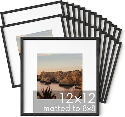 HAUS AND HUES Black Oak Wood 12x12 Picture Frames - Set of 25, Square Frames with Mat, Elegant Frames for Wall Gallery (12x12 in, Black, Set of 25)