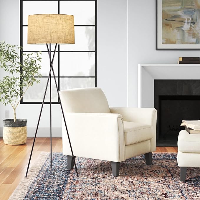 Kira Home Sadie 60" Modern Tripod Floor Lamp with Honey Beige Linen Drum Shade, Mid Century Cross-Leg Standing Light with 9W LED Bulb, Oil Rubbed Bronze Finish