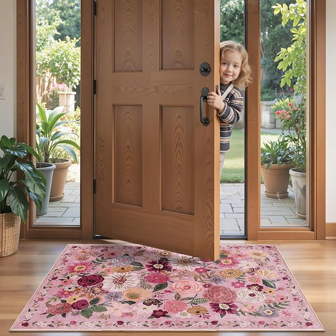 2x5 Entryway Runner Rugs, Non Slip Washable Rugs with Rubber Backing Soft Floral Carpet Runner for Kitchen, Laundry, Bedroom, Bathroom, Pink Garden, 2 x 5