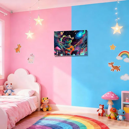12x16 Trippy Space Frog Canvas Wall Art, Colorful Framed Cosmic Funny Guitar Player Kids Trippy Room Decor Teen Boys Bedroom Cool Posters Children Home Prints Painting for Living Room Bathroom Entry