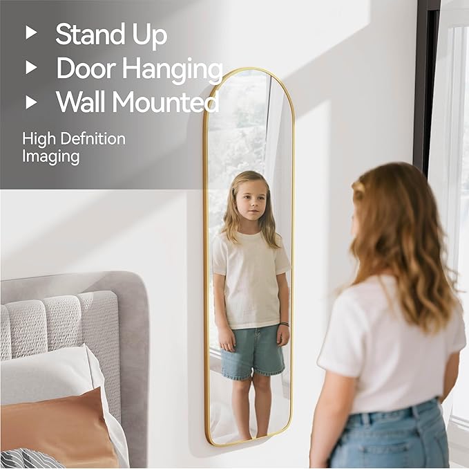 SCWF-GZ 57x16 Door Hanging Full Length Mirror, Floor Stand (Height 5.7ft just Body in1.3ft) / Wall Mounted Metal Frame Arch Dressing Mirrors for Bedroom Living Room 57 inch Gold