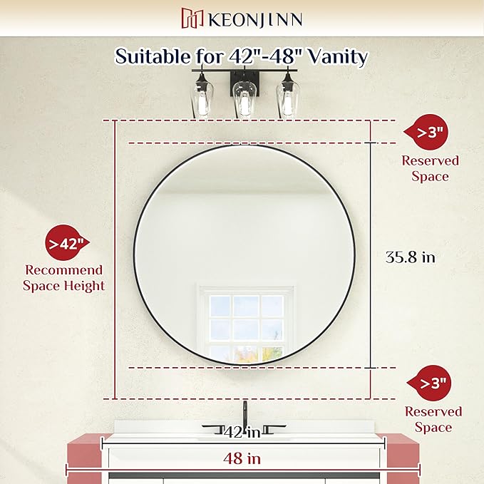 Keonjinn 36 LED Round Mirror for Vanity, 3 Color Temperature Lights 3000K/4500K/6000K Wall Mounted Bathroom, Round Mirror Black Framed Dimmable Lighted Circular Mirrors with Anti-Fog UL Listed CRI≥90