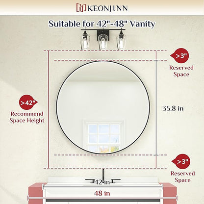Keonjinn 36 LED Round Mirror for Vanity, 3 Color Temperature Lights 3000K/4500K/6000K Wall Mounted Bathroom, Round Mirror Black Framed Dimmable Lighted Circular Mirrors with Anti-Fog UL Listed CRI≥90